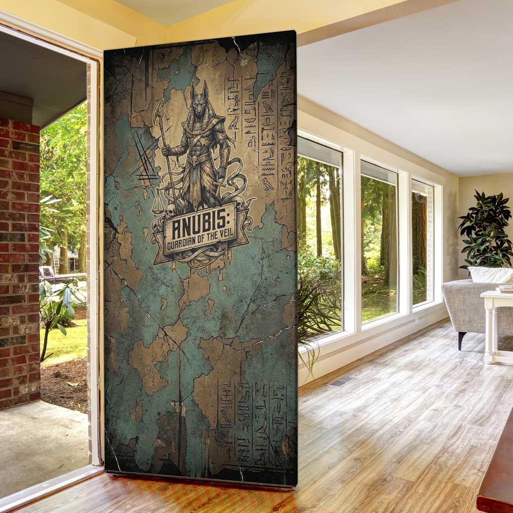 Anubis Door Cover Ancient Egyptian Aged Papyrus, Scales of Justice, and Egyptian Hieroglyph - African Pride