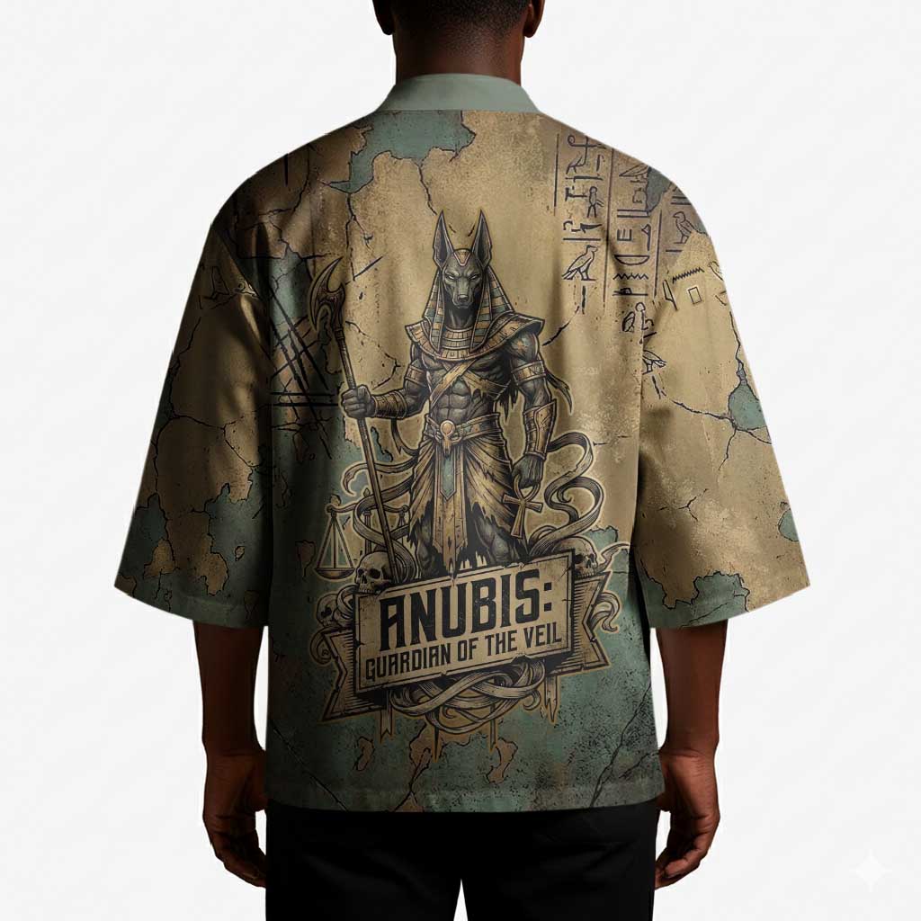 Anubis Kimono Ancient Egyptian Aged Papyrus, Scales of Justice, and Egyptian Hieroglyph - African Pride