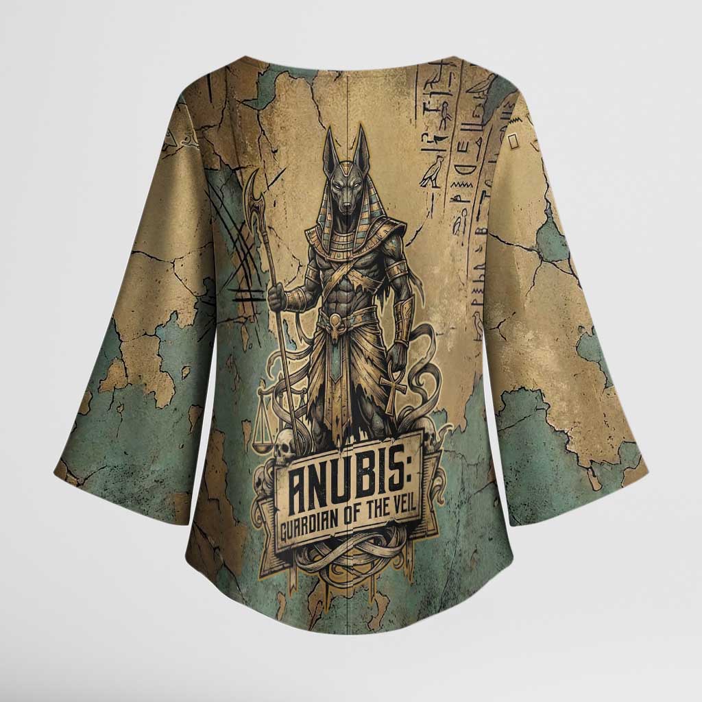 Anubis Kimono Sleeve Blouse Ancient Egyptian Aged Papyrus, Scales of Justice, and Egyptian Hieroglyph - African Pride