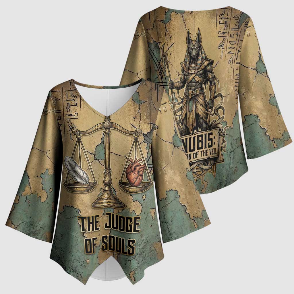 Anubis Kimono Sleeve Blouse Ancient Egyptian Aged Papyrus, Scales of Justice, and Egyptian Hieroglyph - African Pride