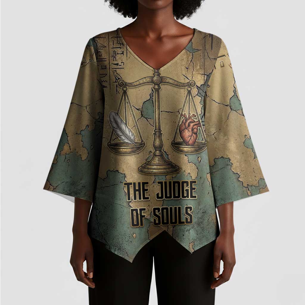 Anubis Kimono Sleeve Blouse Ancient Egyptian Aged Papyrus, Scales of Justice, and Egyptian Hieroglyph - African Pride
