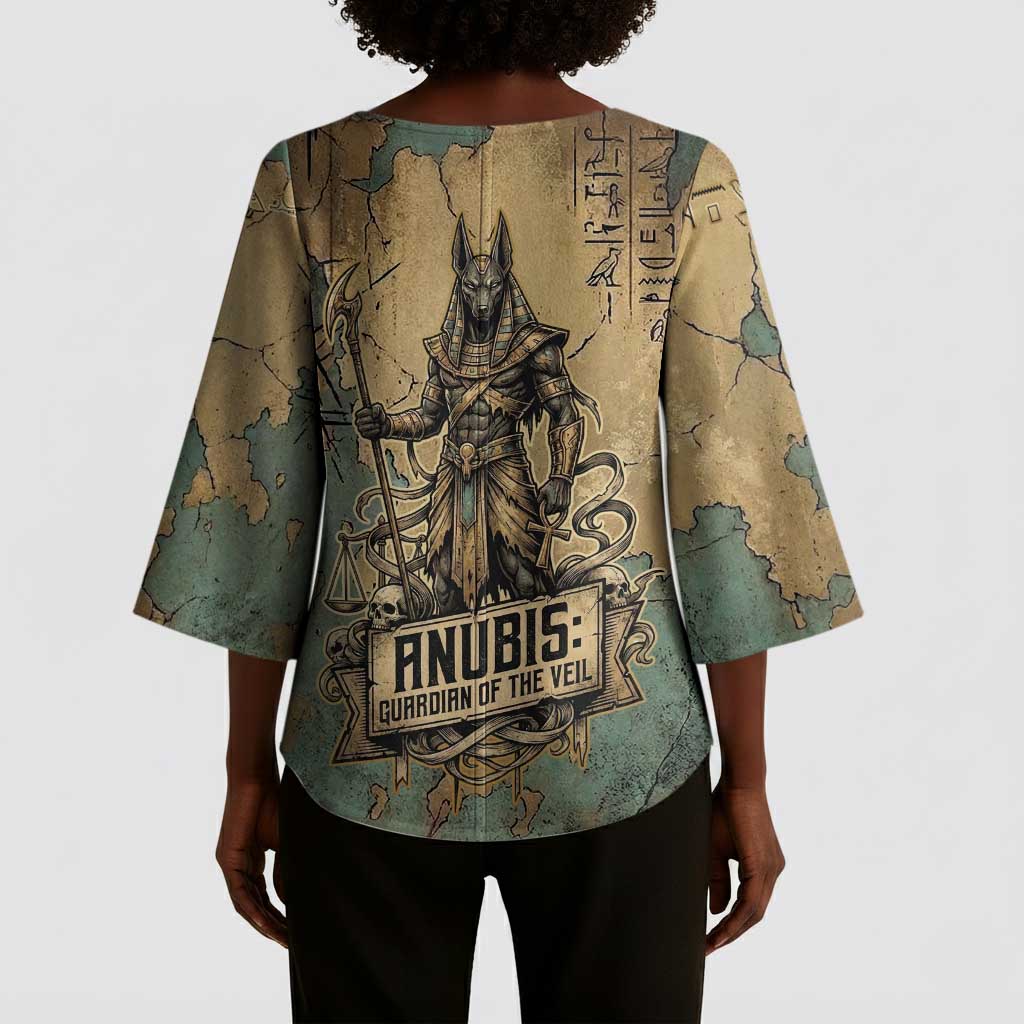 Anubis Kimono Sleeve Blouse Ancient Egyptian Aged Papyrus, Scales of Justice, and Egyptian Hieroglyph - African Pride