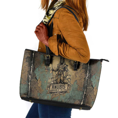 Anubis Leather Tote Bag Ancient Egyptian Aged Papyrus, Scales of Justice, and Egyptian Hieroglyph - African Pride