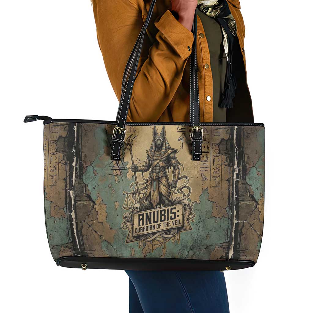 Anubis Leather Tote Bag Ancient Egyptian Aged Papyrus, Scales of Justice, and Egyptian Hieroglyph - African Pride