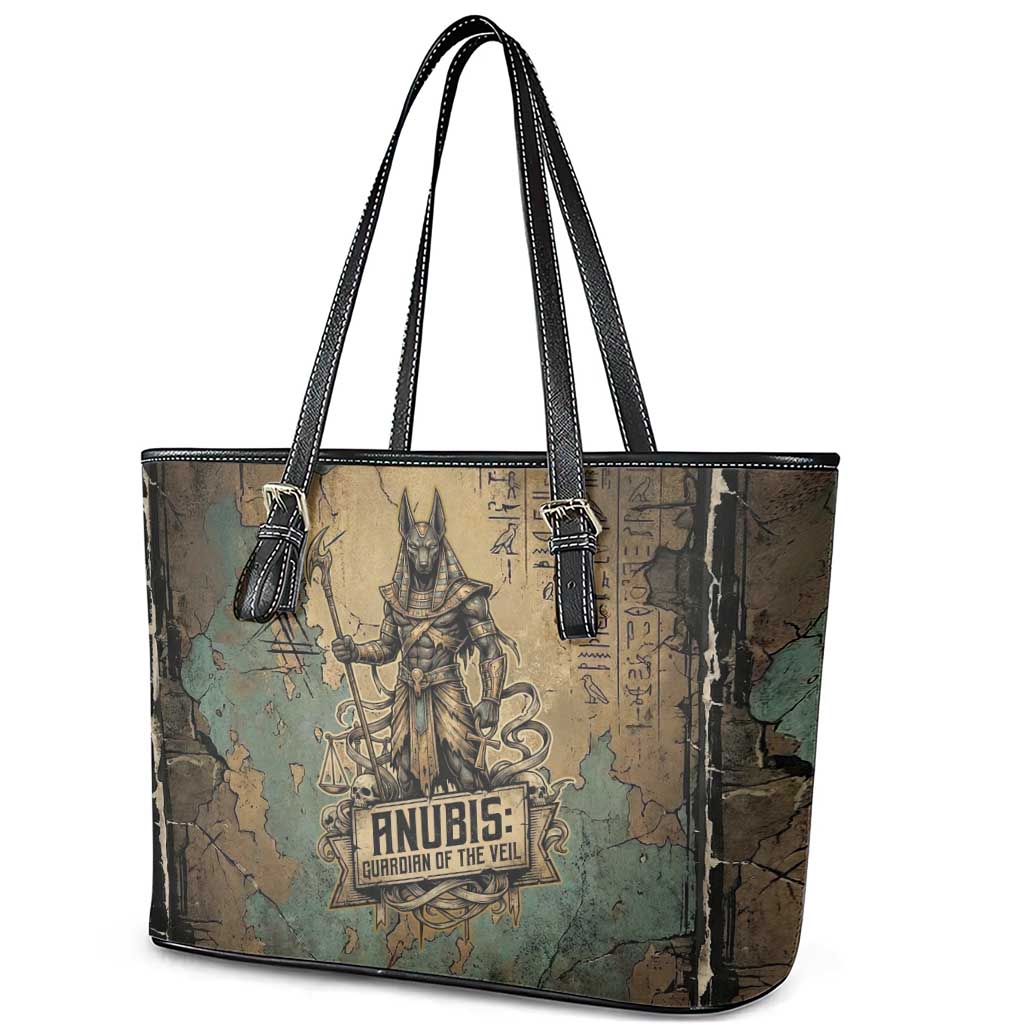Anubis Leather Tote Bag Ancient Egyptian Aged Papyrus, Scales of Justice, and Egyptian Hieroglyph - African Pride