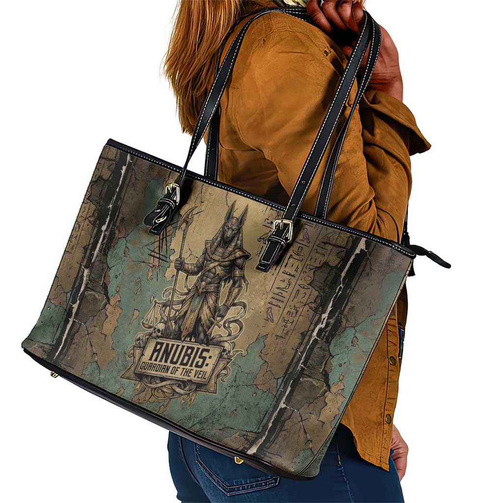 Anubis Leather Tote Bag Ancient Egyptian Aged Papyrus, Scales of Justice, and Egyptian Hieroglyph - African Pride