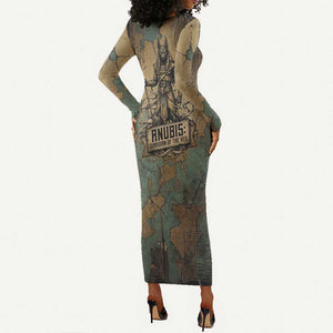 Anubis Long Sleeve Bodycon Dress Ancient Egyptian Aged Papyrus, Scales of Justice, and Egyptian Hieroglyph - African Pride