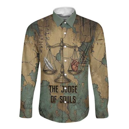 Anubis Long Sleeve Button Shirt Ancient Egyptian Aged Papyrus, Scales of Justice, and Egyptian Hieroglyph - African Pride