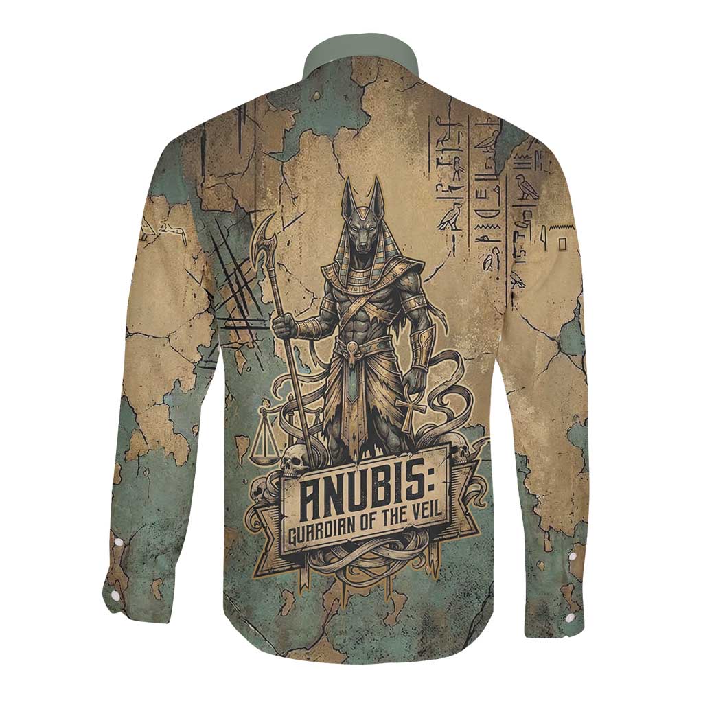 Anubis Long Sleeve Button Shirt Ancient Egyptian Aged Papyrus, Scales of Justice, and Egyptian Hieroglyph - African Pride