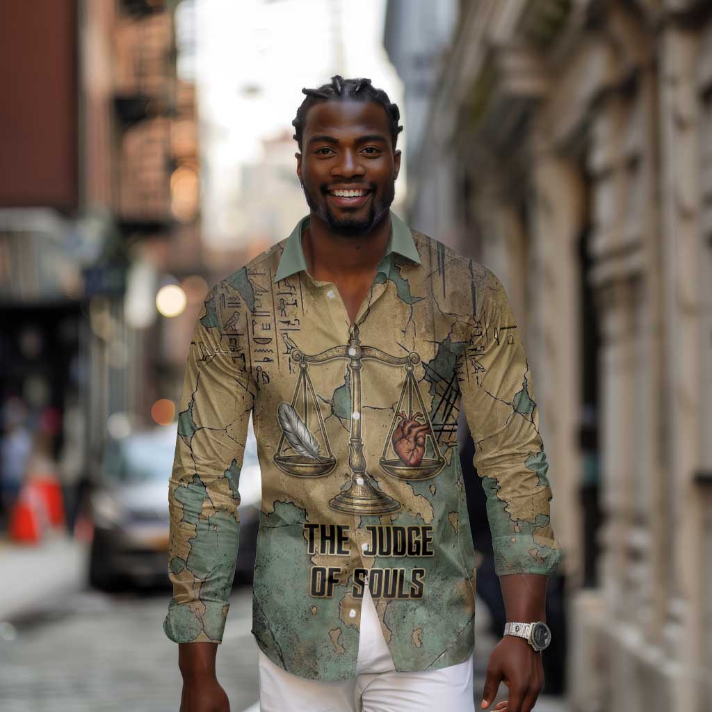 Anubis Long Sleeve Button Shirt Ancient Egyptian Aged Papyrus, Scales of Justice, and Egyptian Hieroglyph - African Pride