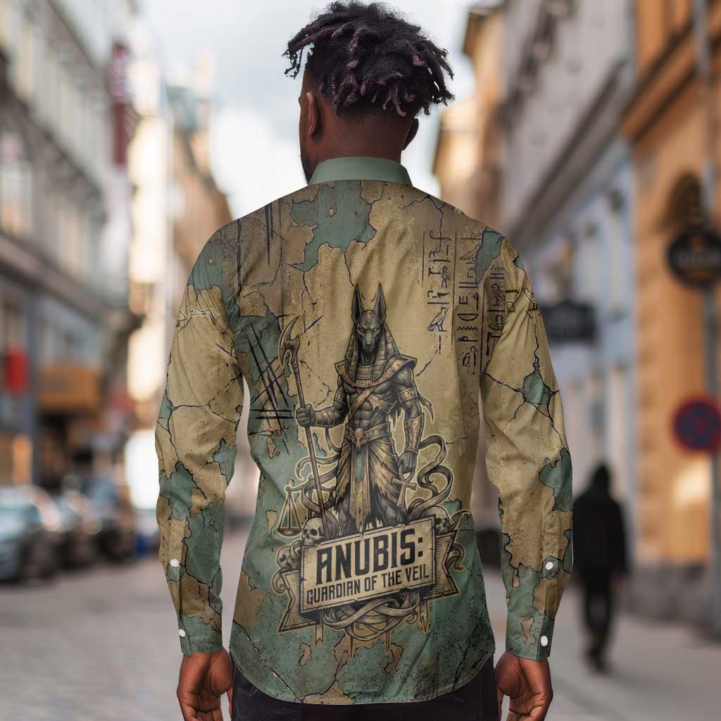 Anubis Long Sleeve Button Shirt Ancient Egyptian Aged Papyrus, Scales of Justice, and Egyptian Hieroglyph - African Pride
