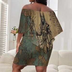 Anubis Off Shoulder Short Dress Ancient Egyptian Aged Papyrus, Scales of Justice, and Egyptian Hieroglyph - African Pride
