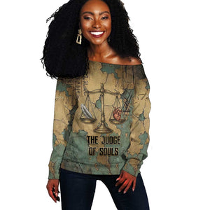 Anubis Off Shoulder Sweater Ancient Egyptian Aged Papyrus, Scales of Justice, and Egyptian Hieroglyph - African Pride