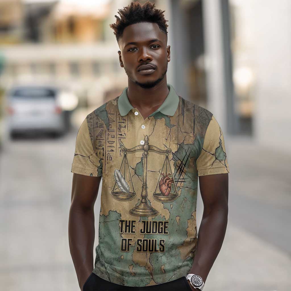 Anubis Polo Shirt Ancient Egyptian Aged Papyrus, Scales of Justice, and Egyptian Hieroglyph - African Pride