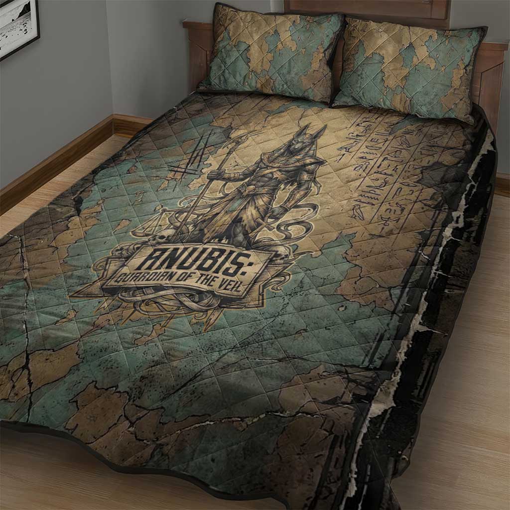 Anubis Quilt Bed Set Ancient Egyptian Aged Papyrus, Scales of Justice, and Egyptian Hieroglyph - African Pride