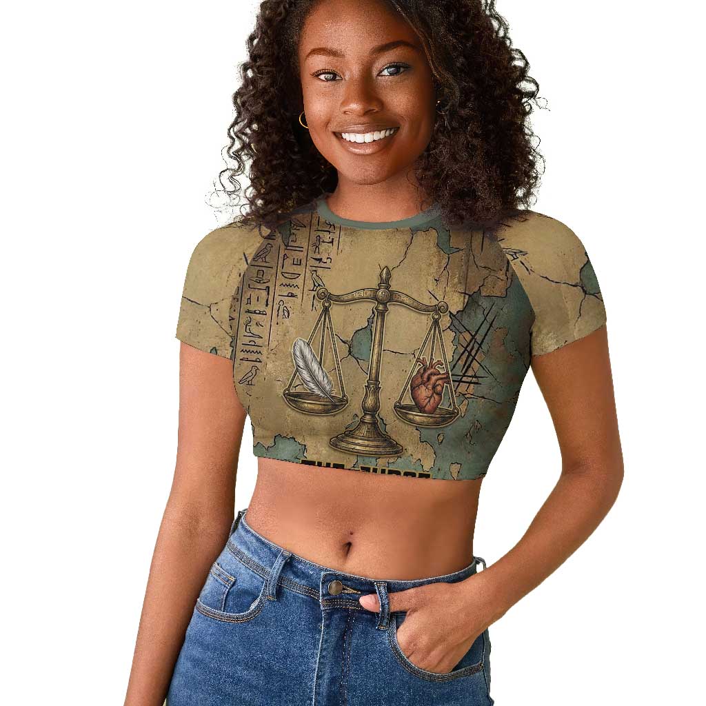 Anubis Raglan Cropped T shirt Ancient Egyptian Aged Papyrus, Scales of Justice, and Egyptian Hieroglyph - African Pride
