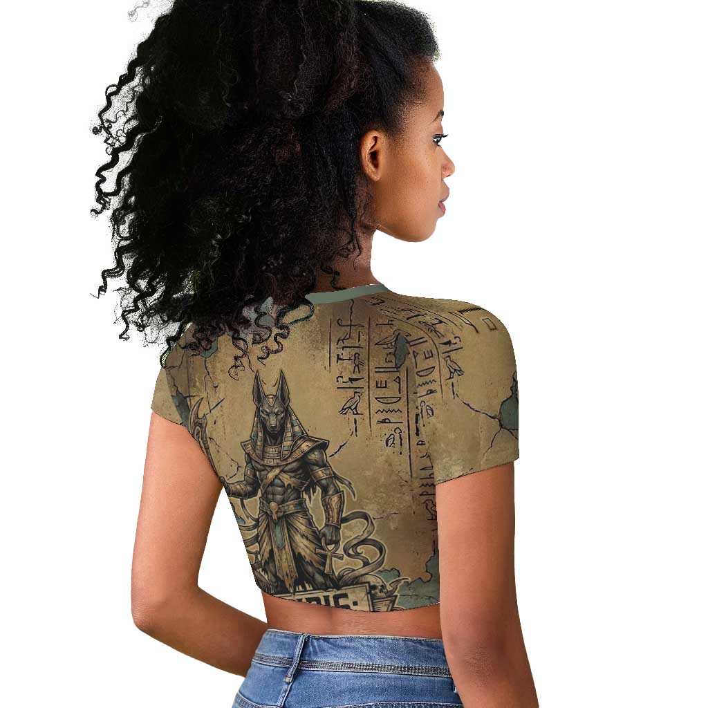 Anubis Raglan Cropped T shirt Ancient Egyptian Aged Papyrus, Scales of Justice, and Egyptian Hieroglyph - African Pride