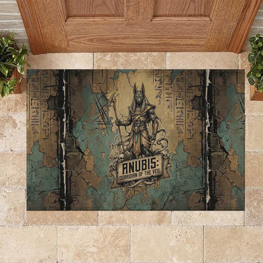 Anubis Rubber Doormat Ancient Egyptian Aged Papyrus, Scales of Justice, and Egyptian Hieroglyph - African Pride