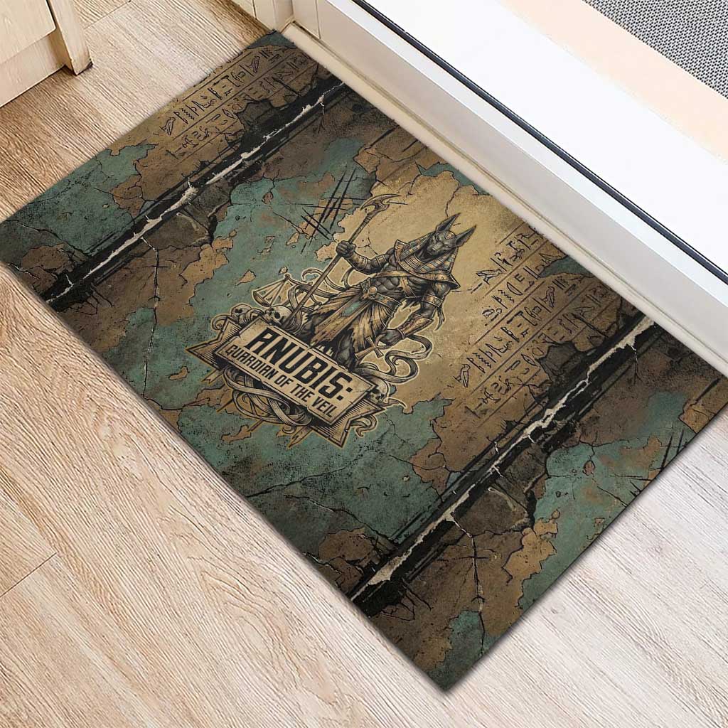 Anubis Rubber Doormat Ancient Egyptian Aged Papyrus, Scales of Justice, and Egyptian Hieroglyph - African Pride