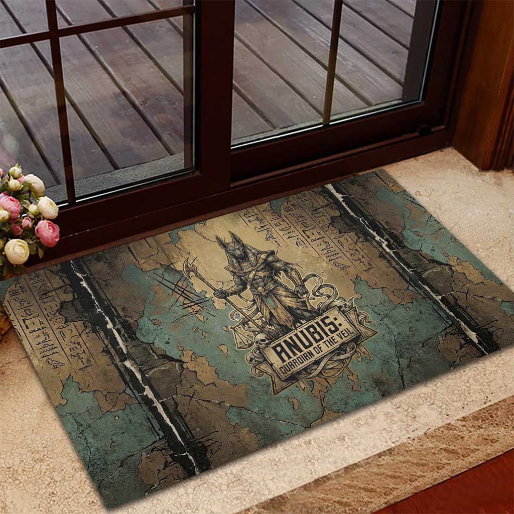 Anubis Rubber Doormat Ancient Egyptian Aged Papyrus, Scales of Justice, and Egyptian Hieroglyph - African Pride