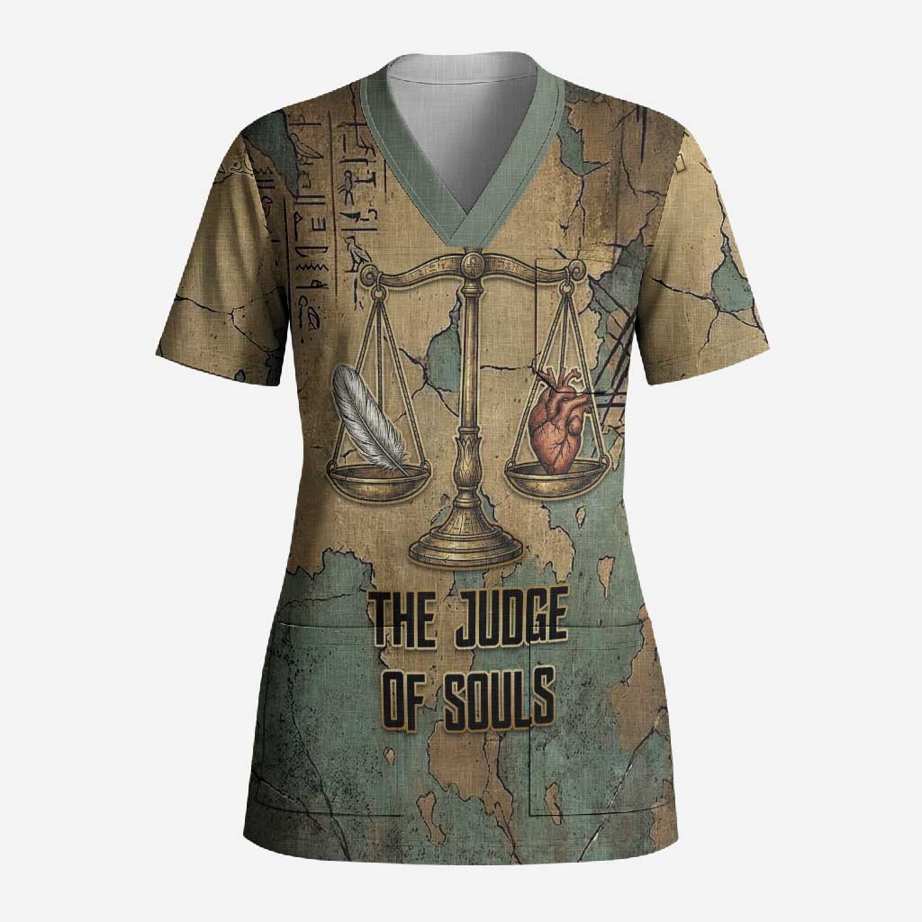 Anubis Scrub Top Ancient Egyptian Aged Papyrus, Scales of Justice, and Egyptian Hieroglyph - African Pride