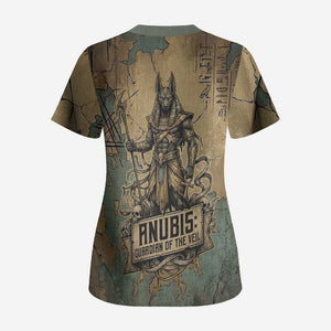 Anubis Scrub Top Ancient Egyptian Aged Papyrus, Scales of Justice, and Egyptian Hieroglyph - African Pride