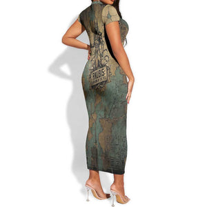 Anubis Short Sleeve Bodycon Dress Ancient Egyptian Aged Papyrus, Scales of Justice, and Egyptian Hieroglyph - African Pride