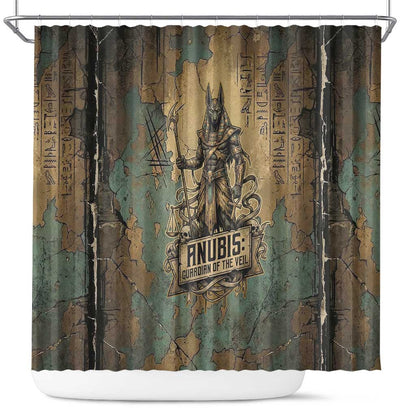 Anubis Shower Curtain Ancient Egyptian Aged Papyrus, Scales of Justice, and Egyptian Hieroglyph - African Pride