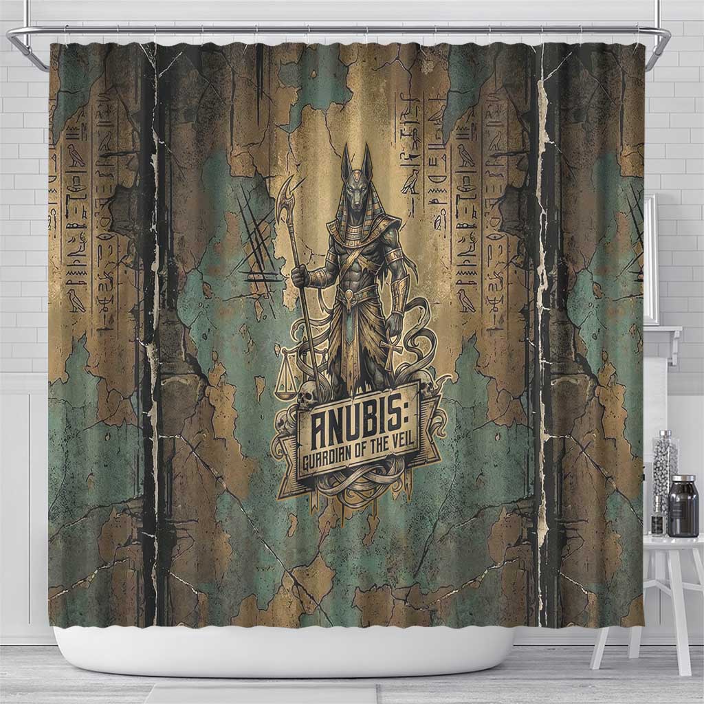 Anubis Shower Curtain Ancient Egyptian Aged Papyrus, Scales of Justice, and Egyptian Hieroglyph - African Pride