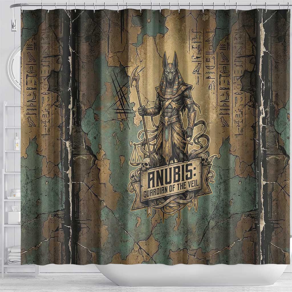 Anubis Shower Curtain Ancient Egyptian Aged Papyrus, Scales of Justice, and Egyptian Hieroglyph - African Pride