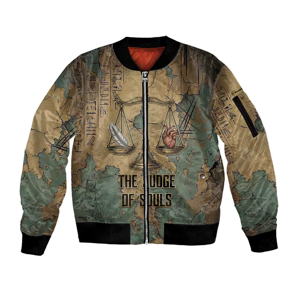 Anubis Sleeve Zip Bomber Jacket Ancient Egyptian Aged Papyrus, Scales of Justice, and Egyptian Hieroglyph - African Pride