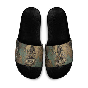 Anubis Slide Sandals Ancient Egyptian Aged Papyrus, Scales of Justice, and Egyptian Hieroglyph - African Pride