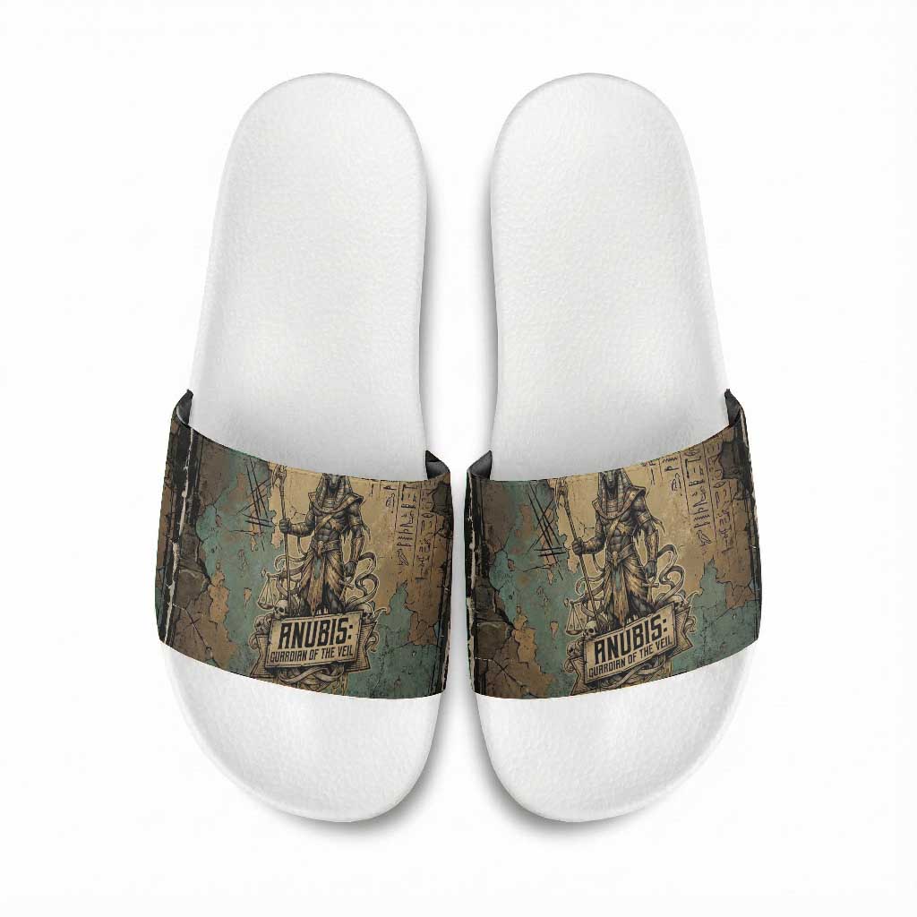 Anubis Slide Sandals Ancient Egyptian Aged Papyrus, Scales of Justice, and Egyptian Hieroglyph - African Pride