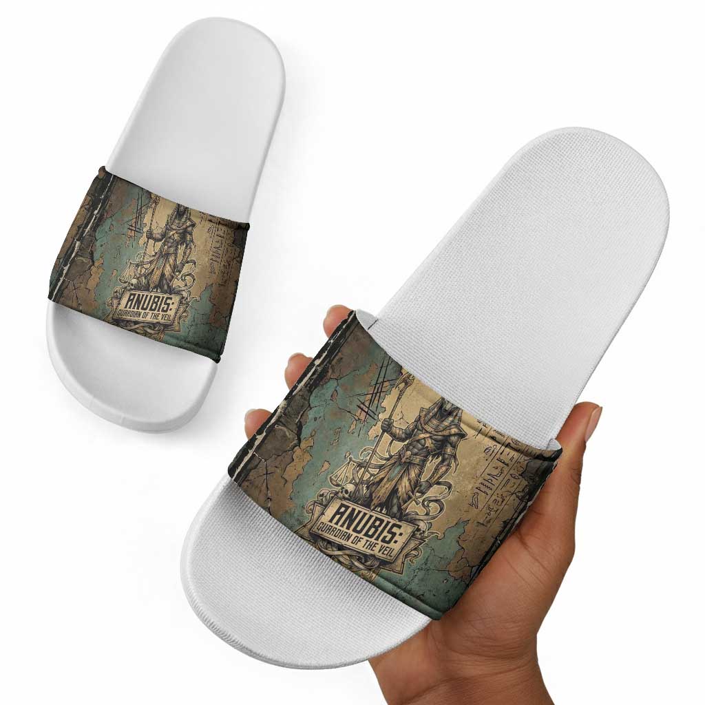 Anubis Slide Sandals Ancient Egyptian Aged Papyrus, Scales of Justice, and Egyptian Hieroglyph - African Pride