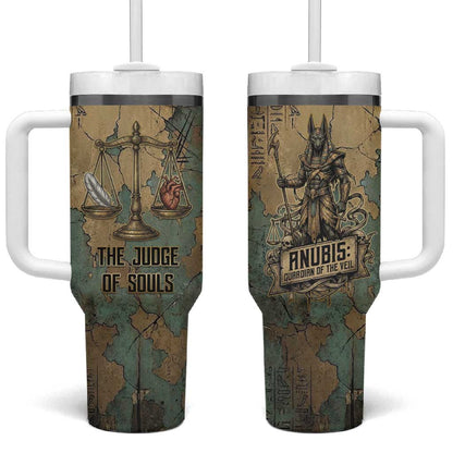 Anubis Tumbler With Handle Ancient Egyptian Aged Papyrus, Scales of Justice, and Egyptian Hieroglyph - African Pride