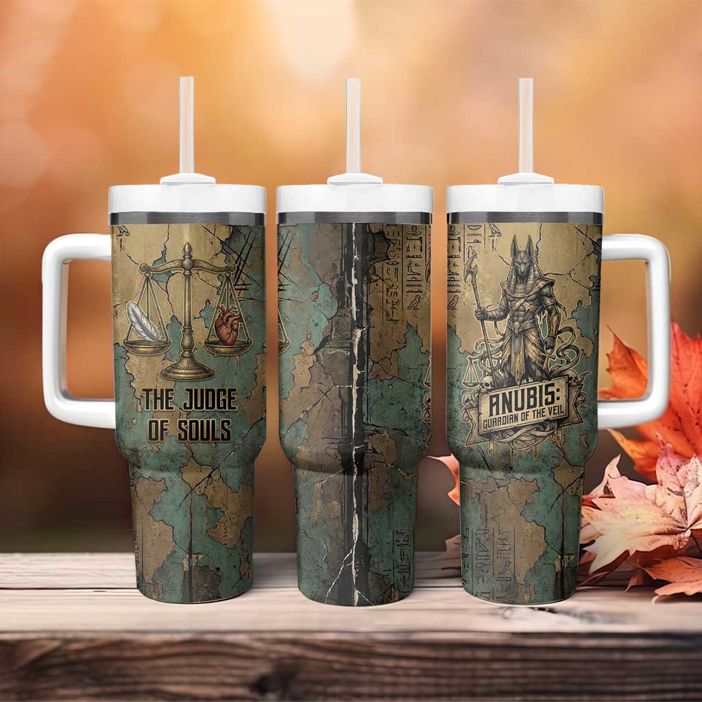 Anubis Tumbler With Handle Ancient Egyptian Aged Papyrus, Scales of Justice, and Egyptian Hieroglyph - African Pride