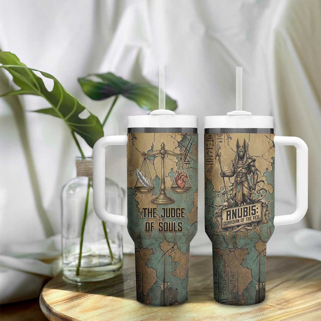 Anubis Tumbler With Handle Ancient Egyptian Aged Papyrus, Scales of Justice, and Egyptian Hieroglyph - African Pride