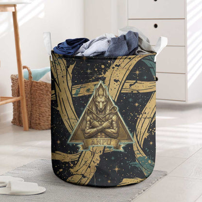 Anubis Ancient Egyptian Laundry Basket with Starry Mummy Wrap Pattern, Anubis Warrior Illustration, and Pyramid - African Pride