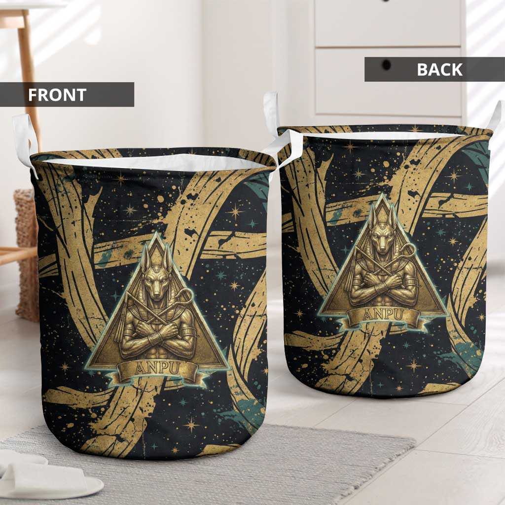 Anubis Ancient Egyptian Laundry Basket with Starry Mummy Wrap Pattern, Anubis Warrior Illustration, and Pyramid - African Pride