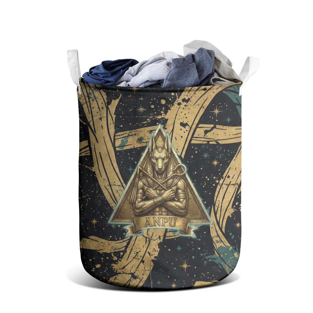 Anubis Ancient Egyptian Laundry Basket with Starry Mummy Wrap Pattern, Anubis Warrior Illustration, and Pyramid - African Pride