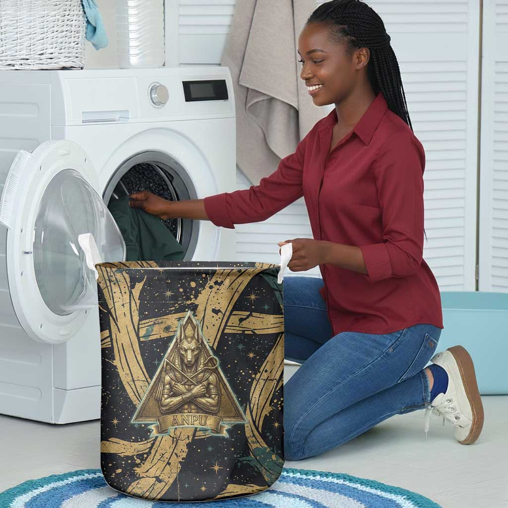 Anubis Ancient Egyptian Laundry Basket with Starry Mummy Wrap Pattern, Anubis Warrior Illustration, and Pyramid - African Pride