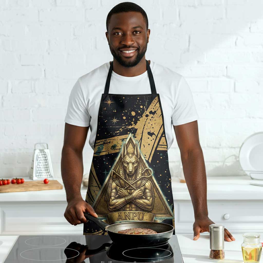 Anubis Ancient Egyptian Apron with Starry Mummy Wrap Pattern, Anubis Warrior Illustration, and Pyramid - African Pride