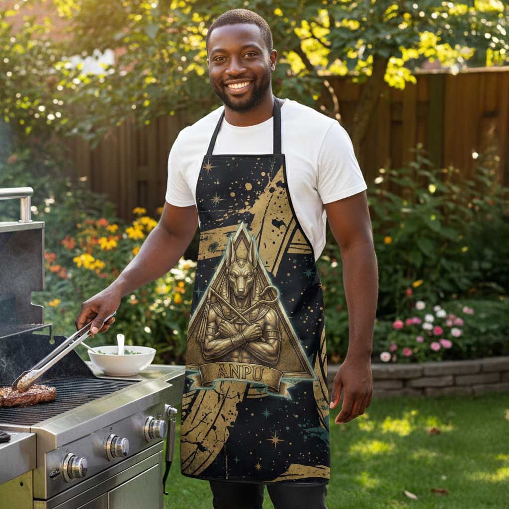 Anubis Ancient Egyptian Apron with Starry Mummy Wrap Pattern, Anubis Warrior Illustration, and Pyramid - African Pride