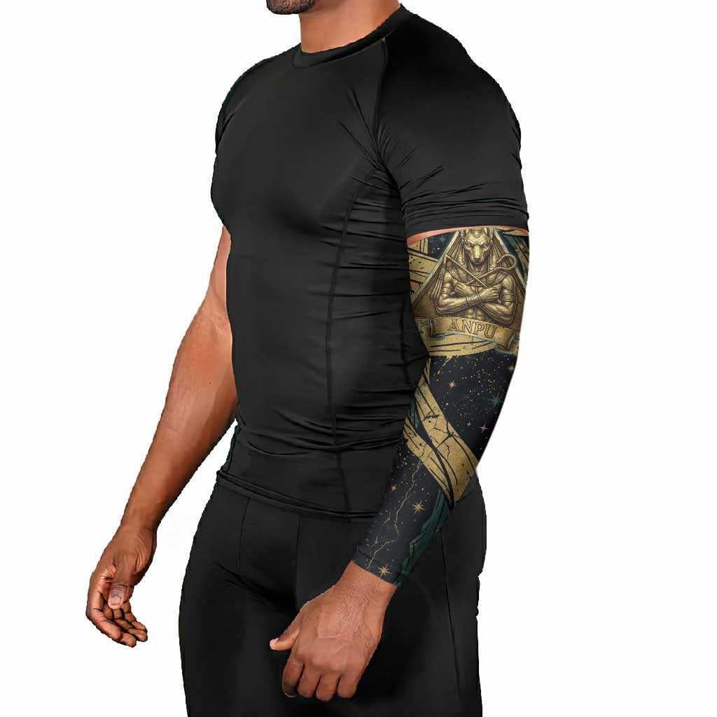 Anubis Ancient Egyptian Arm Sleeves with Starry Mummy Wrap Pattern, Anubis Warrior Illustration, and Pyramid - African Pride