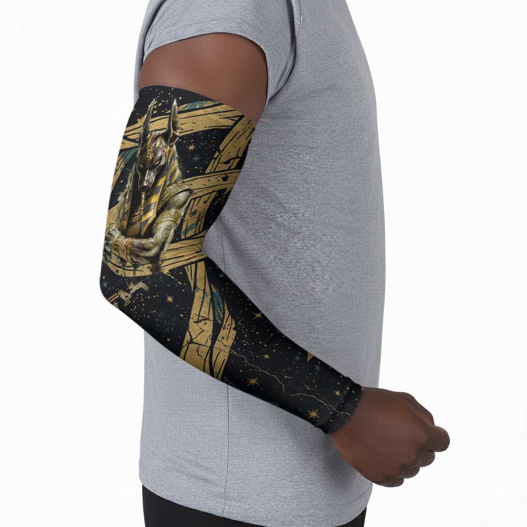 Anubis Ancient Egyptian Arm Sleeves with Starry Mummy Wrap Pattern, Anubis Warrior Illustration, and Pyramid - African Pride