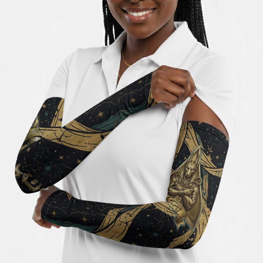 Anubis Ancient Egyptian Arm Sleeves with Starry Mummy Wrap Pattern, Anubis Warrior Illustration, and Pyramid - African Pride