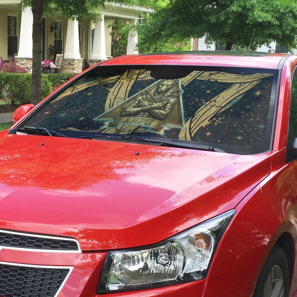 Anubis Ancient Egyptian Auto Sun Shade with Starry Mummy Wrap Pattern, Anubis Warrior Illustration, and Pyramid - African Pride