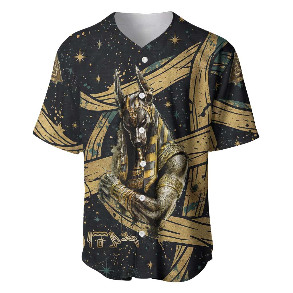 Anubis Ancient Egyptian Baseball Jersey with Starry Mummy Wrap Pattern, Anubis Warrior Illustration, and Pyramid - African Pride