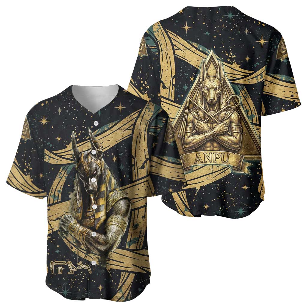 Anubis Ancient Egyptian Baseball Jersey with Starry Mummy Wrap Pattern, Anubis Warrior Illustration, and Pyramid - African Pride