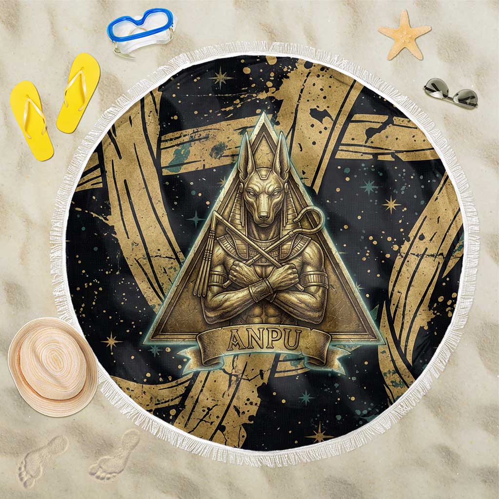 Anubis Ancient Egyptian Beach Blanket with Starry Mummy Wrap Pattern, Anubis Warrior Illustration, and Pyramid - African Pride